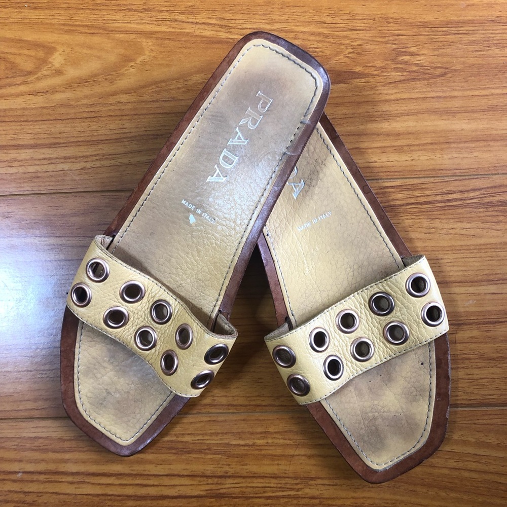Tan Prada Slide Sandals